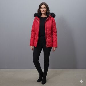 Ambiance Women's Red Quilted Hooded Puffer with Black Faux Fur Trim Sz L